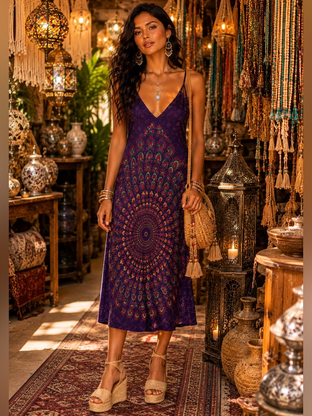 Boho Mandala Print Rayon Maxi Dress Size S